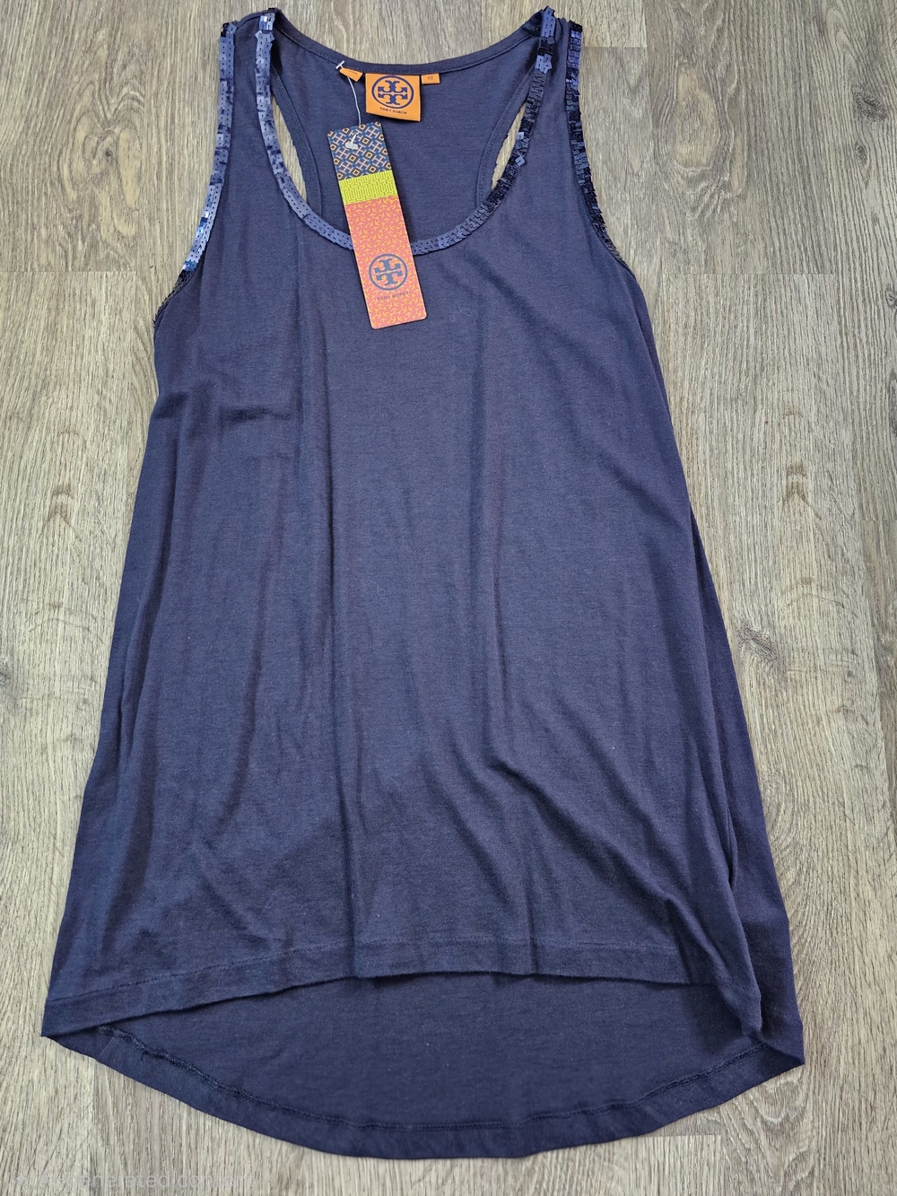 Tory Burch Ernsta Navy Blue Sequin Trim Racerback Tank Top NWT Size XS